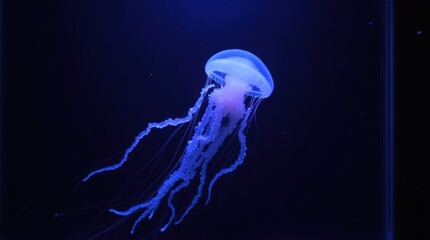 A jellyfish floating in front of a dark studio-lit background, its translucent body glowing under soft light