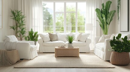 Fototapeta premium Cozy Living Room with Natural Light and Green Plants