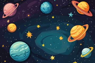 Colorful illustration of planets and stars in a cosmic space background.