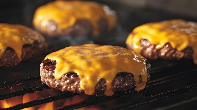 grilling burgers on a BBQ closeup iamge with melting cheese on toop