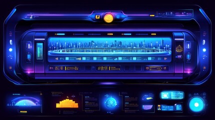 Obraz premium Futuristic interface with a city skyline and data displays.