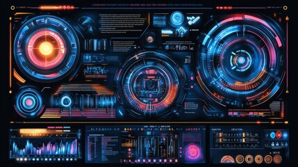 Futuristic HUD interface with glowing elements, charts, graphs, and gauges.