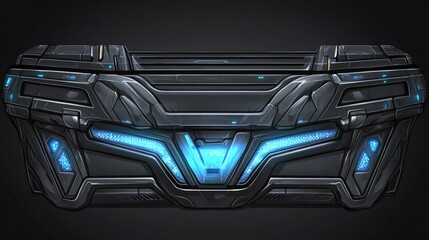 Futuristic, dark grey chest with glowing blue lights.