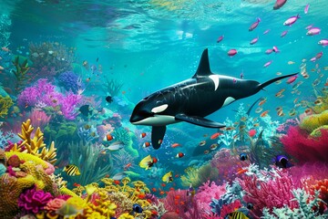 an orca swimming in the ocean surrounded by colorful corals