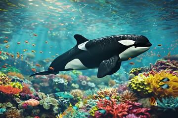 an orca whale swims over a colorful coral reef