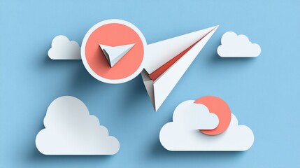 White paper airplane flying in a blue sky with white clouds and a red circle with a paper plane symbol.