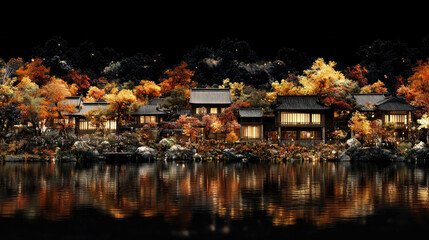 The old-fashioned house lights up at night. Black background