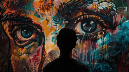 Fototapeta premium Street Art: Man Gazing at Colorful Graffiti Eye Mural
