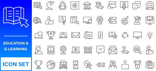 Education line icons collection. Big UI icon set in a flat design. Thin outline icons pack. Thin line icons set of academic subjects and education. Outline symbol collection.