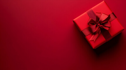 red gift box tied bow with ribbon on red color background , Red gift box with a ribbon on a clean burgundy background  , beautiful box modern design 