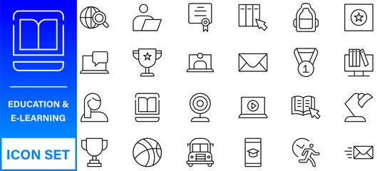 Education line icons collection. Big UI icon set in a flat design. Thin outline icons pack. Thin line icons set of academic subjects and education. Outline symbol collection.