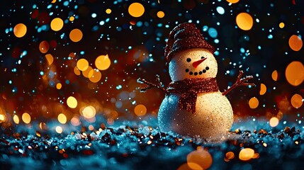 Fototapeta premium Christmas Background, Cheerful snowman surrounded by glowing lights and falling snowflakes.