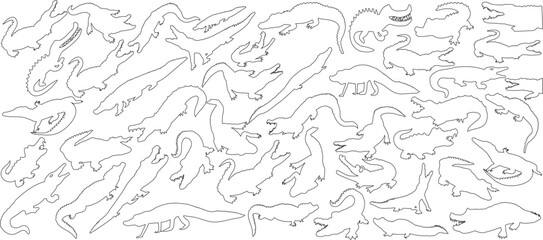 vector outline crocodiles, alligators, reptiles vector illustration for wildlife, zoo, animal designs, kids crafts, coloring book. Reptile species shapes for educational, creative design, DIY, or craf