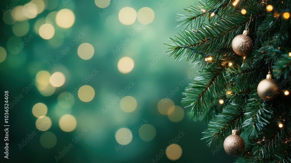 Wall mural christmas tree branch with garland in front of green background.