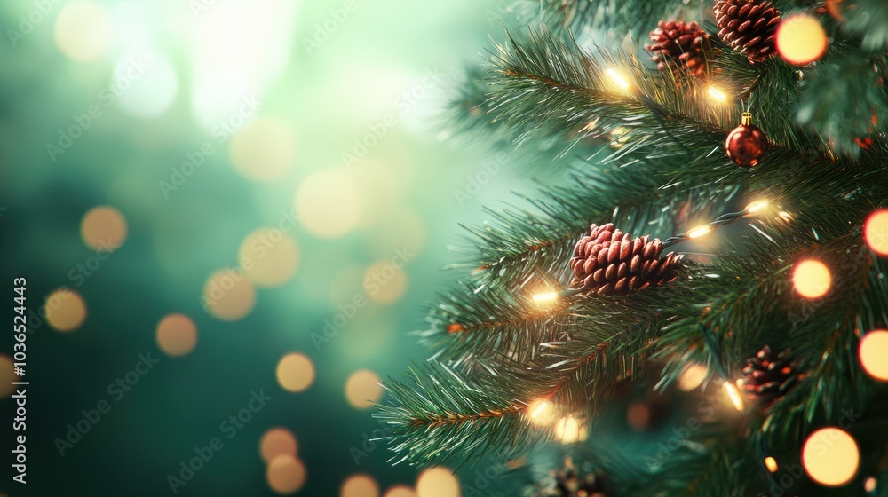 Canvas Prints christmas tree branch with garland in front of green background.
