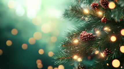 Christmas tree branch with garland in front of green background.