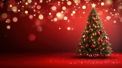 Christmas Tree With Ornament And Bokeh Lights In Red Background