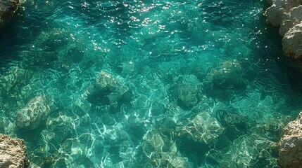 Clear turquoise waters reveal underwater rocks in a serene coastal area during a sunny day in a tropical destination