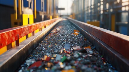 Obraz premium Close-up of a recycling conveyor belt at a modern ecological plant, separating and processing different materials