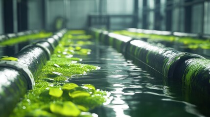 Closeup of wastewater treatment system for recycling water in algae cultivation. Concept Wastewater Treatment, Water Recycling, Algae Cultivation, Closeup Shots, Sustainable Technology