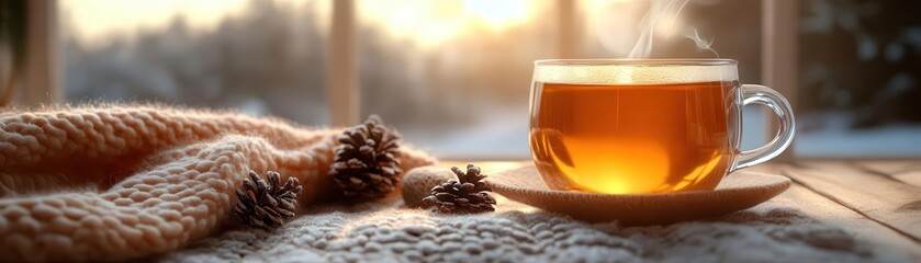 Cozy winter scene with a steaming mug of tea, Seasonal, Comfort