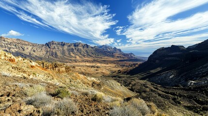 Obraz premium A panoramic view of a valley with mountains and a blue sky.