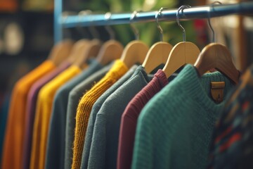 Colorful Knit Sweaters Hanging on Wooden Hangers in a Retail Store