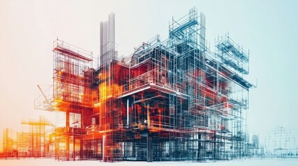 Double exposure abstract building construction engineering in colorful digital illustration