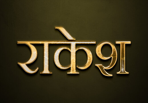 Old gold text effect of Hindi name Rakesh with 3D glossy style Mockup in Hindi.
