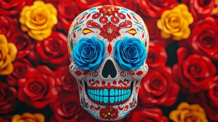 Fototapeta premium Luminous sugar skull with neon blue roses, intricate bright red and yellow accents
