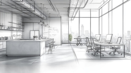 A modern office with line drawings.