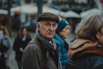 Portrait of an elderly man on the street. People on the background.