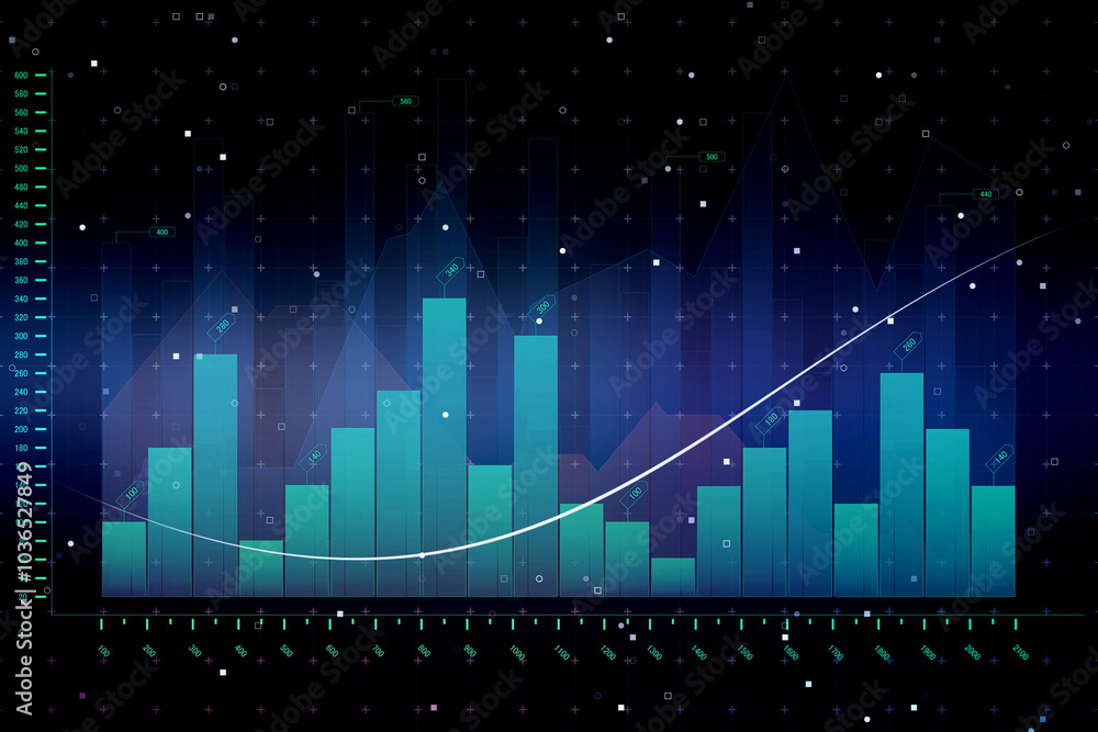Poster Financial data visualization with blue graphs and diagram on digital interface with dark background, banking or accounting concept. 3D rendering