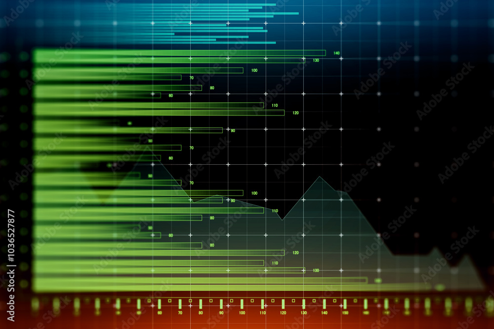 Aufkleber economy statistics concept with digital green horizontal graphs on dark background with stats diagra