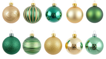 Festive Christmas ornaments in green and gold colors, featuring various textures and patterns. These decorative baubles add cheerful touch to holiday celebrations