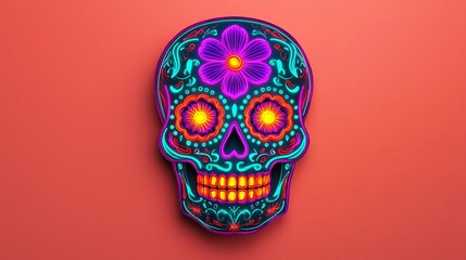 Neoncolored sugar skull with glowing purple flowers, vibrant teal and orange accents