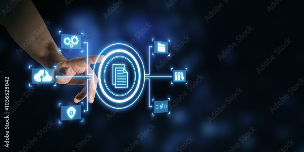 Poster Digital document management interface with cloud technology and data security elements.
