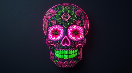 Vibrant sugar skull glowing in neon pink and green, intricate floral designs, dark backdrop