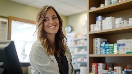 A pharmacist smiling at the counter in a pharmacy, surrounded by medication shelves.