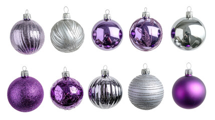 Shiny purple and silver Christmas ornaments in various designs, perfect for festive decorations. These beautiful baubles add touch of elegance and sparkle to any holiday setting