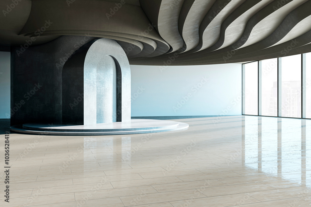 Poster Modern abstract interior design with wave ceiling and empty space. 3D Rendering