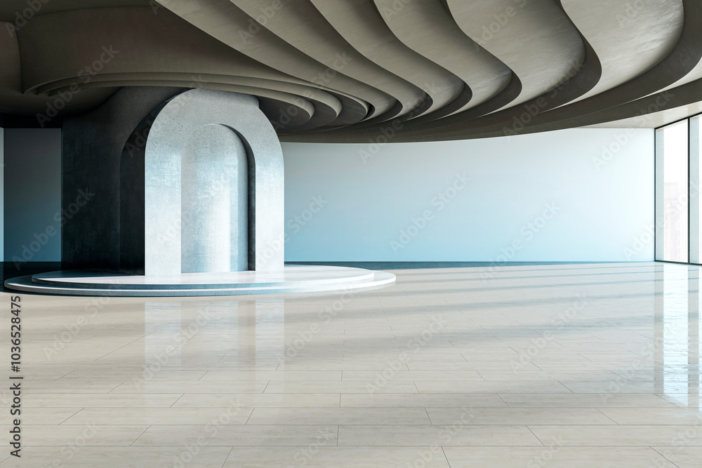 Poster Abstract modern interior design with wave ceiling and light walls. 3D Rendering