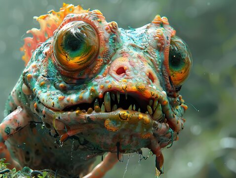 Close-Up of a Surreal Fantasy Creature with Glowing Eyes