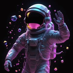 astronaut neon theme floating in metaverse 3d black background. generative ai.