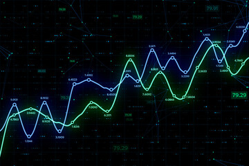 Financial investing and economy trends concept with digital trading chart diagrams and graphs with big data numbers on background. 3D rendering