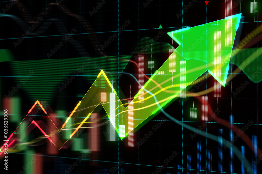 Aufkleber Stock market growth and investing concept with digital graphic arrow on dark technological background with rising up candlestick. 3D rendering