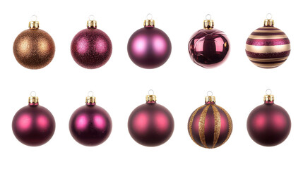 Shiny decorative Christmas ornaments in various shades of purple and gold, perfect for festive holiday decor. These beautiful baubles add touch of elegance to any tree