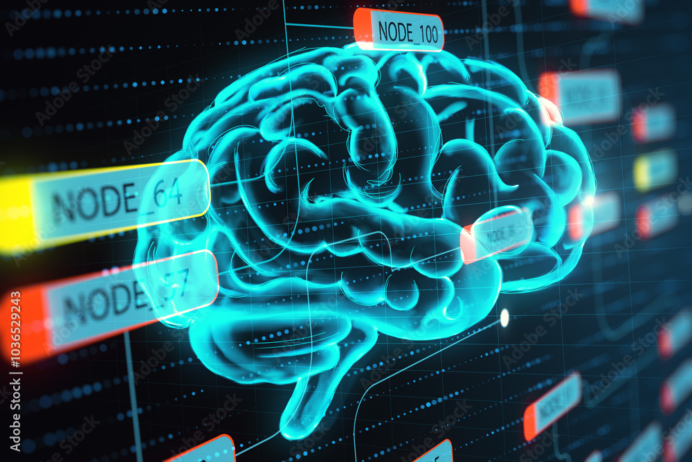 Poster System software and research concept with blue digital human brain on dark technological background with node windows. 3D rendering