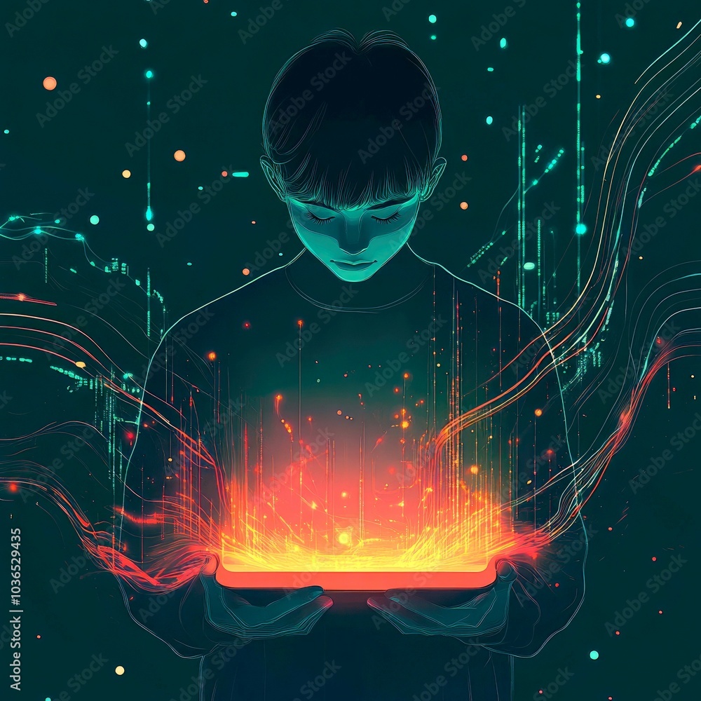 Poster a person holds a tablet with glowing lines and dots coming from it, representing digital technology 