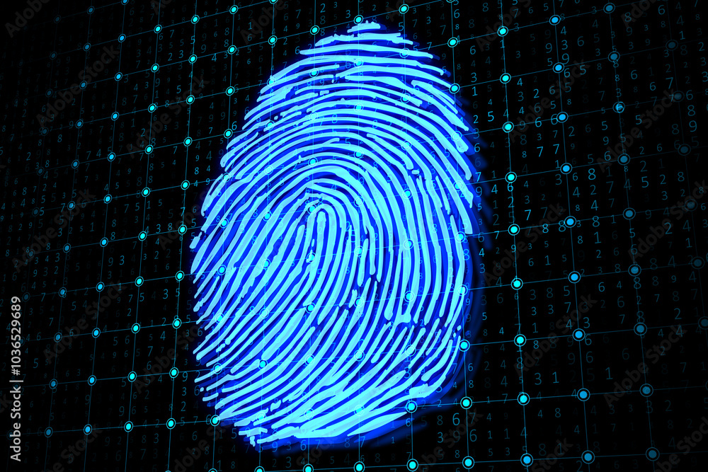 Poster digital graphic blue fingerprint on dark dotted background. 3d rendering